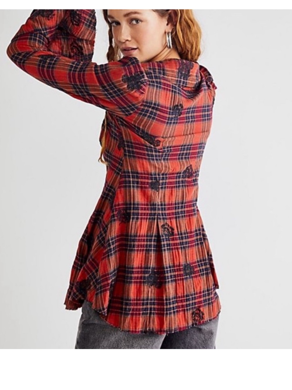 NWT Free People Ezra plaid embroidered button up bell cuff M raw edge tunic - Picture 2 of 16
